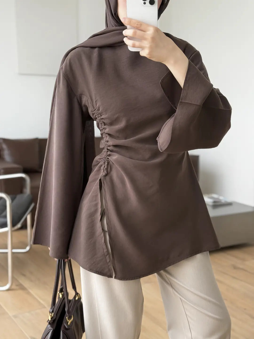 Ionia Blouse in Chocolate - detail